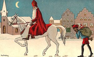 Here's an early representation of Sinterklaas with one Zwarte Piet.  Obviously Piet is not a willing coworker. Click for a bigger version.