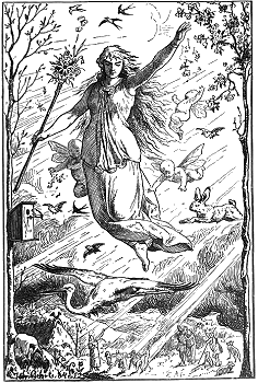 Gehrt's 1884 imaginative drawing of Eostre ushering in spring includes many iconic images of spring, but does not specifically emphasize hares, rabbits, or eggs.  Click for bigger picture.