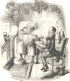 Scrooge and Bob Cratchit discussing Bob's future over a hot drink. Click for bigger picture.