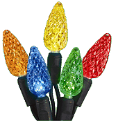 Because LEDs use plastic instead of glass, they can be made in almost any shape. This set is made to imitate 'traditional' C7 bulbs. Click for bigger photo.