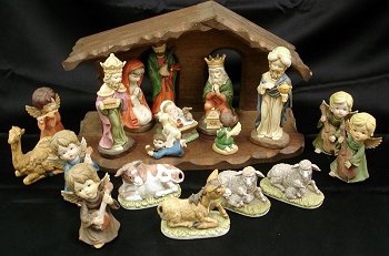 Creative Art Flowers' original nativity set.  These are very rare, but they're almost unknown, so their value to collectors is limited.  When the musician angels turn up, they usually have at least one broken wing, but that doesn't stop them from being cute additions to the kind of sets we're discussing in this article.