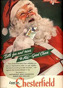 Many of the best Santa ads of the 1930s-1960s sold cigarettes. Click to see a bigger picture.