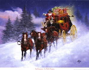 This painting by Jack Sorenson shows another western Santa hard on the trail with his Christmas presents. Click to order a print for your own use.